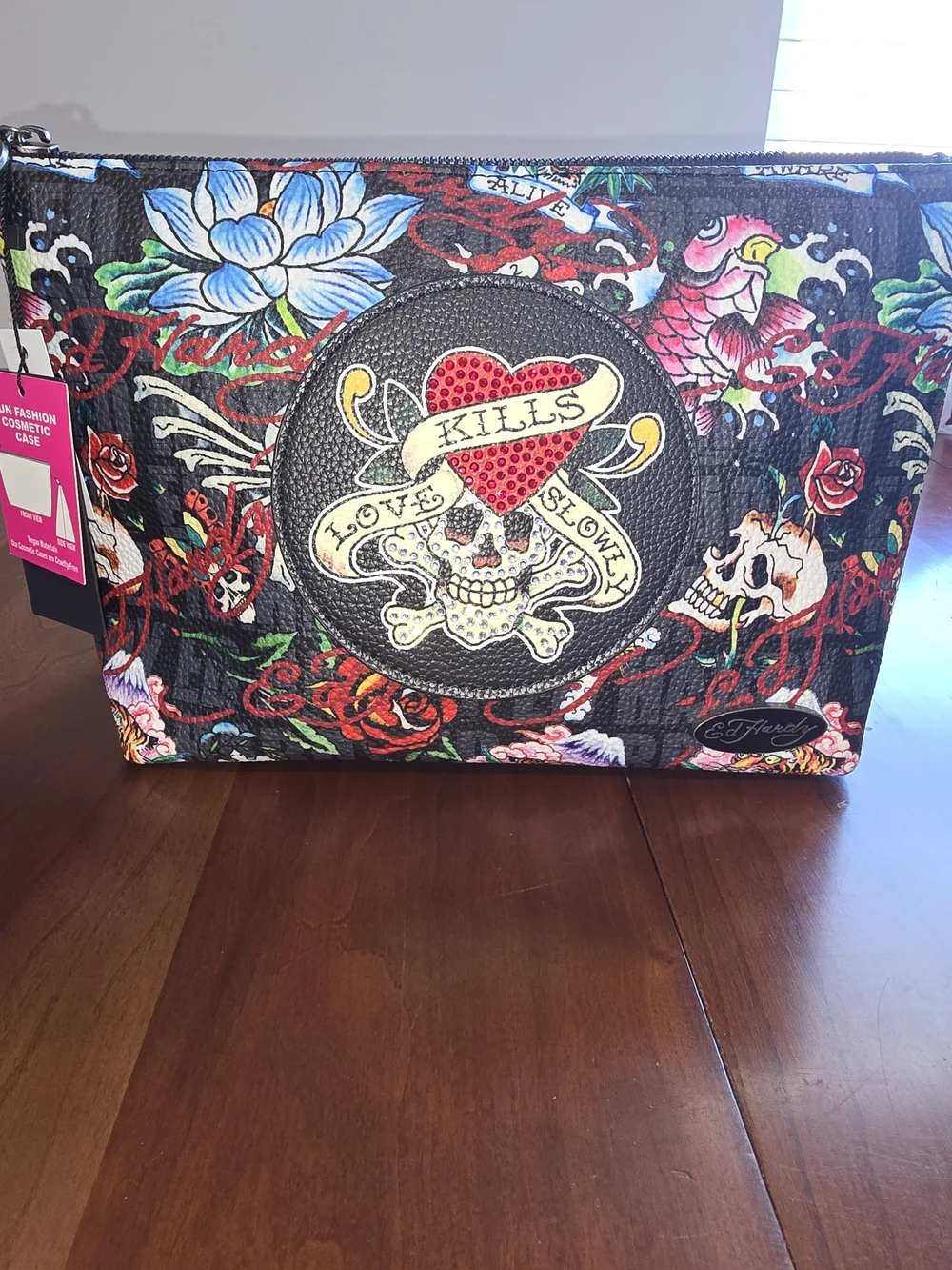 Ed Hardy Black Pouch with Red Heart, White Skull and Multicolor Tattoo Accents